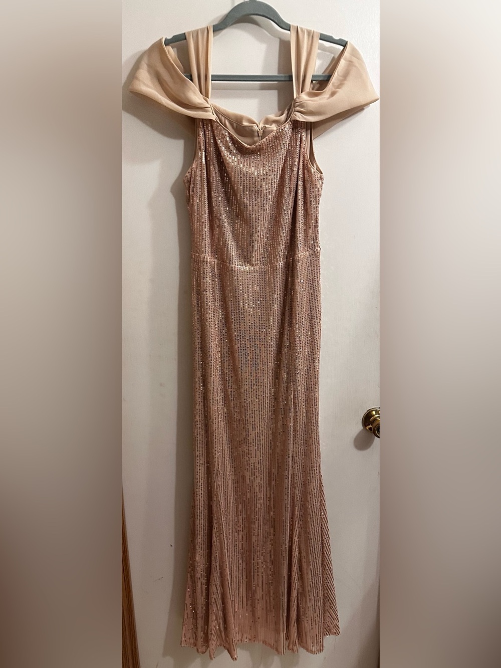 NWOT SHEIN Rose Gold Sequin Maxi Dress with Draped Chiffon Shoulder
